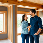 A happy, diverse family (two adults and a child) standing in the bright living room of their newly built, modern eco-house. The room showcases natural materials like exposed wooden beams, textured clay walls, and large, energy-efficient windows that let in abundant natural light. They are admiring their home, with an emphasis on comfort and well-being. All subjects are fully clothed in modest, comfortable, appropriate attire. The overall scene is warm and inviting. professional photography, perfect anatomy, correct proportions, natural pose, well-formed hands, proper finger count, natural body proportions, safe for work, appropriate content, family-friendly.