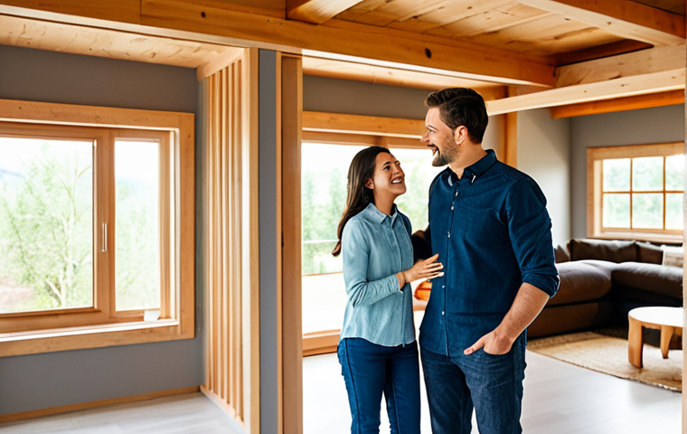 A happy, diverse family (two adults and a child) standing in the bright living room of their newly built, modern eco-house. The room showcases natural materials like exposed wooden beams, textured clay walls, and large, energy-efficient windows that let in abundant natural light. They are admiring their home, with an emphasis on comfort and well-being. All subjects are fully clothed in modest, comfortable, appropriate attire. The overall scene is warm and inviting. professional photography, perfect anatomy, correct proportions, natural pose, well-formed hands, proper finger count, natural body proportions, safe for work, appropriate content, family-friendly.