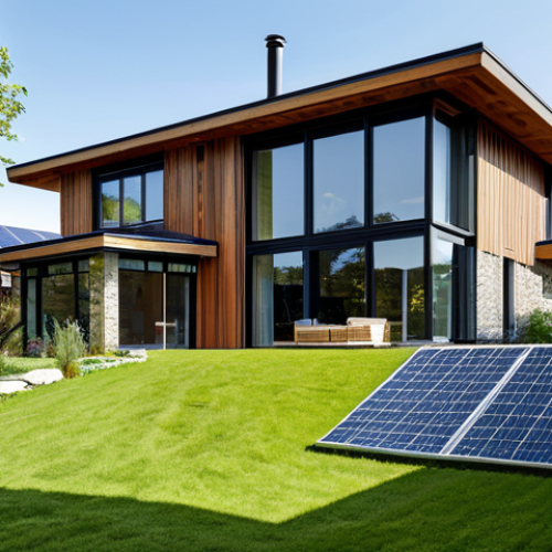 A serene, modern 'green' family home in a natural, suburban setting, captured in a professional architectural photograph. The house features prominently with integrated solar panels on the roof and a visible rainwater harvesting system. Its facade is constructed from natural, sustainable materials like reclaimed wood and local stone, complemented by large, energy-efficient windows. Lush, native landscaping surrounds the property, enhancing its eco-friendly design. The scene is bright and clear under a sunny sky, showcasing vibrant, realistic colors and high detail. safe for work, appropriate content, fully clothed, professional, perfect anatomy, correct proportions, natural pose, well-formed hands, proper finger count, natural body proportions.
