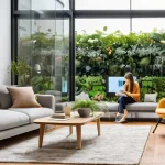 친환경 건축과 지속가능한 디자인 - **Prompt:** A serene, spacious living room within a modern, energy-efficient smart home. Sunlight st...