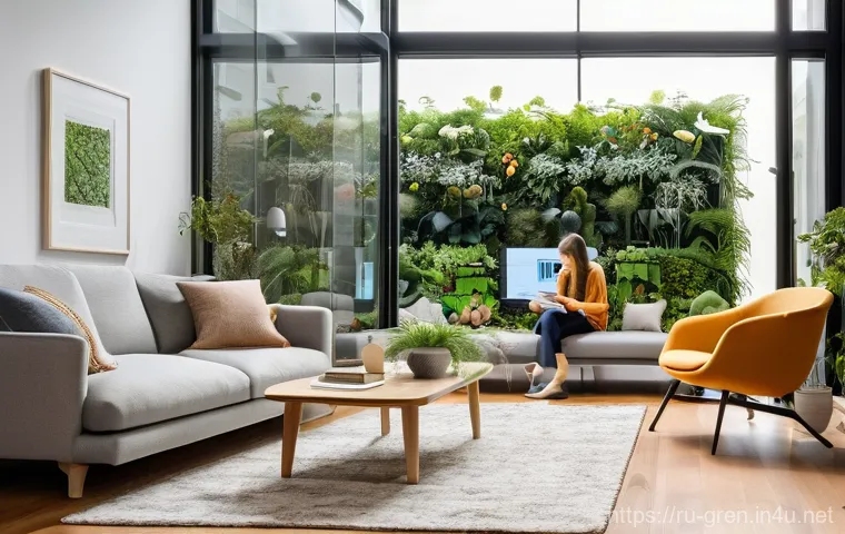 친환경 건축과 지속가능한 디자인 - **Prompt:** A serene, spacious living room within a modern, energy-efficient smart home. Sunlight st...