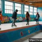 친환경 건축 공모전 준비 방법 - **Subject:** A group of ethnically diverse teenagers in a modern, brightly lit indoor skatepark.
   ...