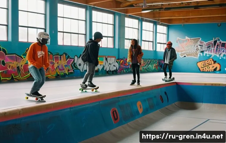 친환경 건축 공모전 준비 방법 - **Subject:** A group of ethnically diverse teenagers in a modern, brightly lit indoor skatepark.
   ...