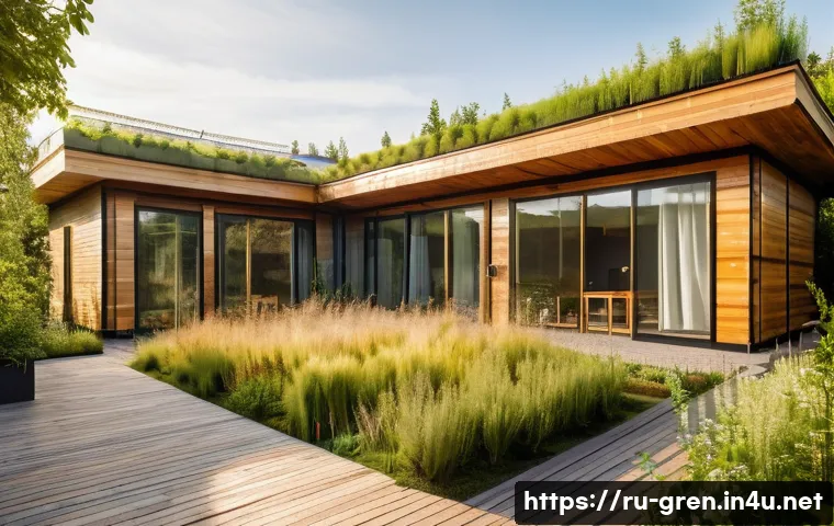 친환경 건축 이론 필수 개념 - A modern eco-friendly house designed with passive solar technologies, featuring large south-facing w...