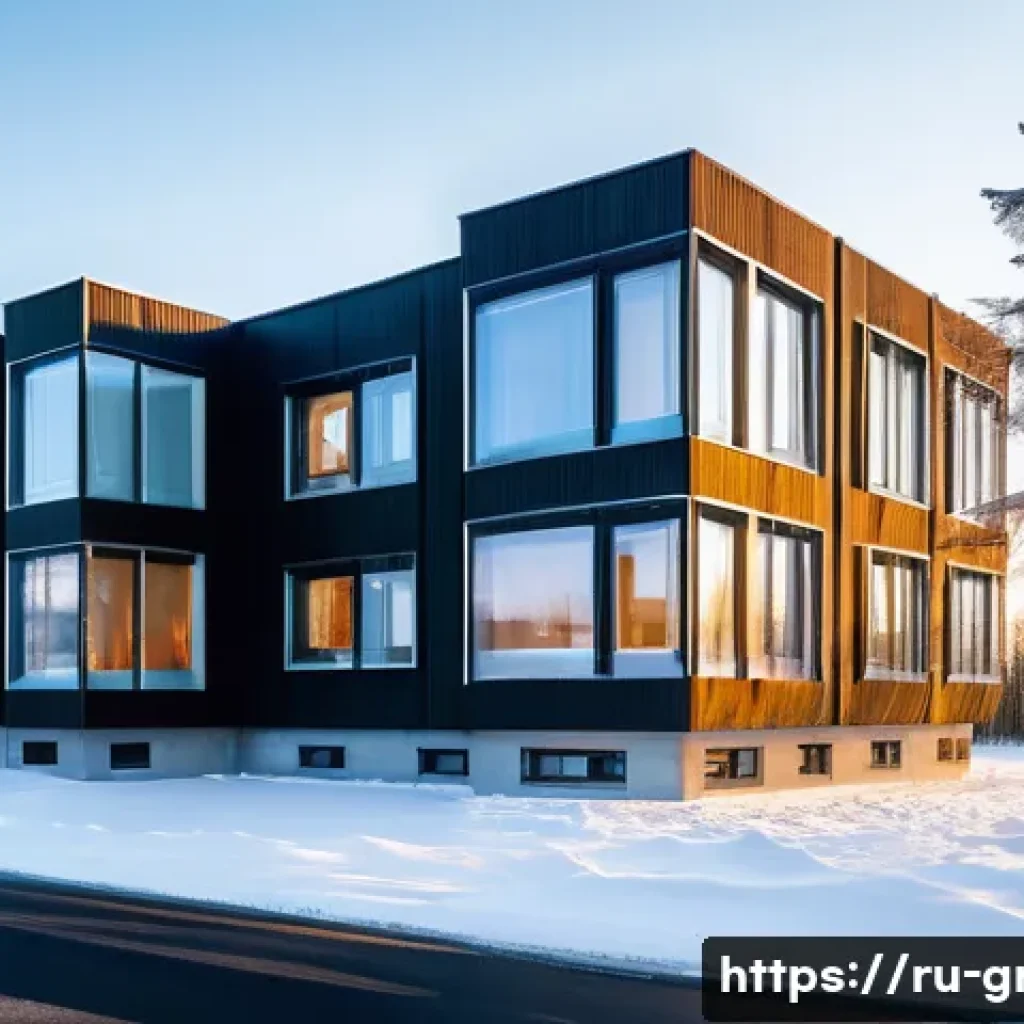 친환경 건축법 주요 내용 해설 - A modern eco-friendly residential building in a northern Russian city during winter, showcasing inno...