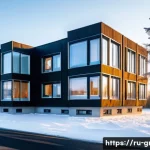 Home 22 친환경 건축법 주요 내용 해설 - A modern eco-friendly residential building in a northern Russian city during winter, showcasing inno...