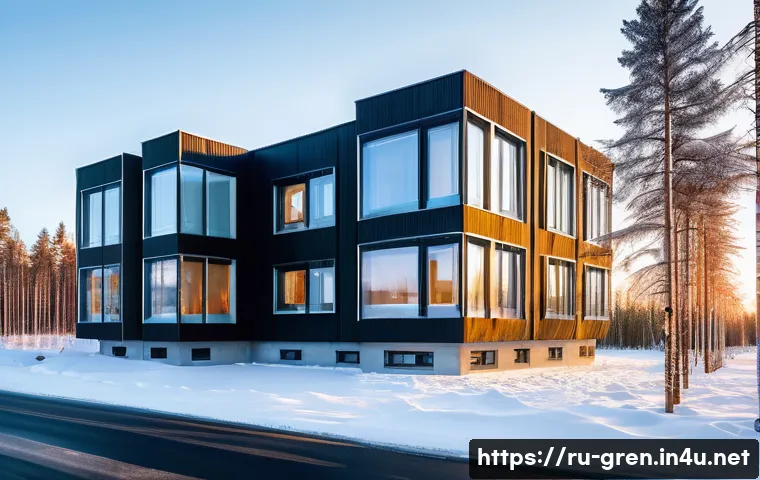 친환경 건축법 주요 내용 해설 - A modern eco-friendly residential building in a northern Russian city during winter, showcasing inno...