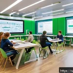 Home 21 친환경 건축 공학과 관련 학위 소개 - A modern university classroom in Russia, filled with diverse students studying sustainable construct...