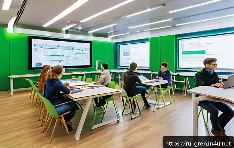 친환경 건축 공학과 관련 학위 소개 - A modern university classroom in Russia, filled with diverse students studying sustainable construct...