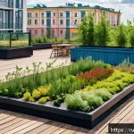 Home 20 친환경 건축 설계 트렌드 분석 - A modern urban rooftop garden in a Russian city during late spring, featuring lush green roofs with ...