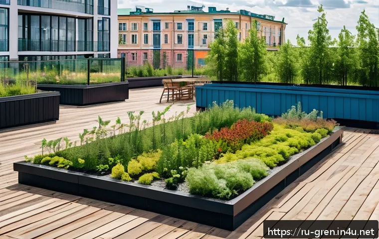 친환경 건축 설계 트렌드 분석 - A modern urban rooftop garden in a Russian city during late spring, featuring lush green roofs with ...