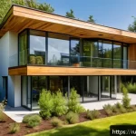 Home 19 친환경 건축과 재해 복원력 강화 설계 - A modern eco-friendly house exterior showcasing sustainable construction materials: walls insulated ...