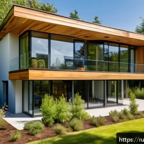 Home 31 친환경 건축과 재해 복원력 강화 설계 - A modern eco-friendly house exterior showcasing sustainable construction materials: walls insulated ...