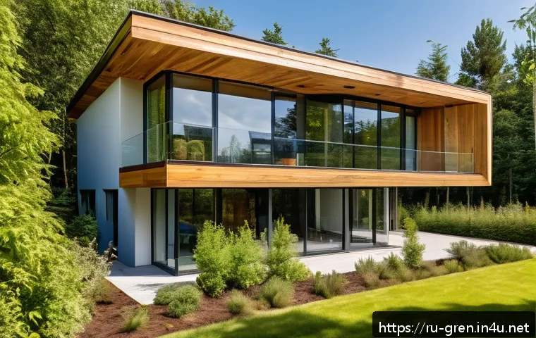 친환경 건축과 재해 복원력 강화 설계 - A modern eco-friendly house exterior showcasing sustainable construction materials: walls insulated ...
