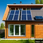 Home 18 친환경 건축과 대체 재료 연구 - A modern eco-friendly house exterior showcasing sustainable building materials: hemp insulation visi...