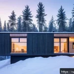 Home 23 친환경 건축 실무 경험담 공유 - A modern Russian eco-friendly residential building in a snowy Siberian landscape, featuring certifie...