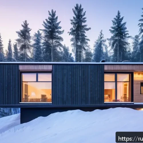 Home 17 친환경 건축 실무 경험담 공유 - A modern Russian eco-friendly residential building in a snowy Siberian landscape, featuring certifie...