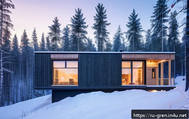 친환경 건축 실무 경험담 공유 - A modern Russian eco-friendly residential building in a snowy Siberian landscape, featuring certifie...